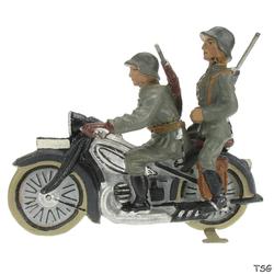 Lineol Soldier on motorcycle, with pillion passenger
